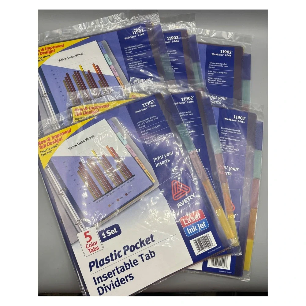 Avery 11902 WorkSaver Plastic Pocket‎ Insertable Tab Dividers 5-Tab 6 Sets New